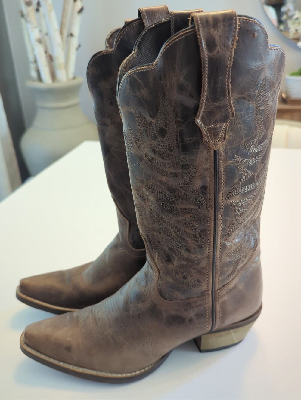Abilene Callimont Rawhide 12" Snip Toe Leather Cowgirl Boots Size 8M Brown EUC